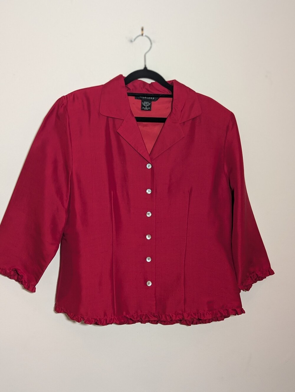Silkland 100% Silk Red Ruffle Trim Button Front Blouse Size M 3/4 Sleeve